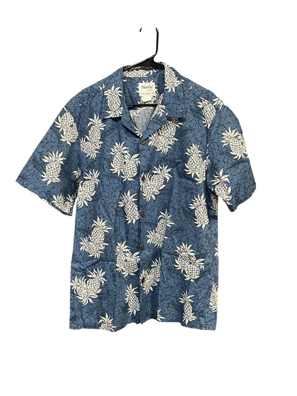 Naniloa Hawaii XL Pineapple Hawaiian Shirt Blue White 100% Cotton Aloha Camp